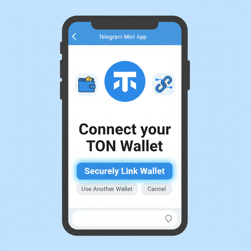 Telegram mini app wallet connection interface, TON logo, secure link button highlighted