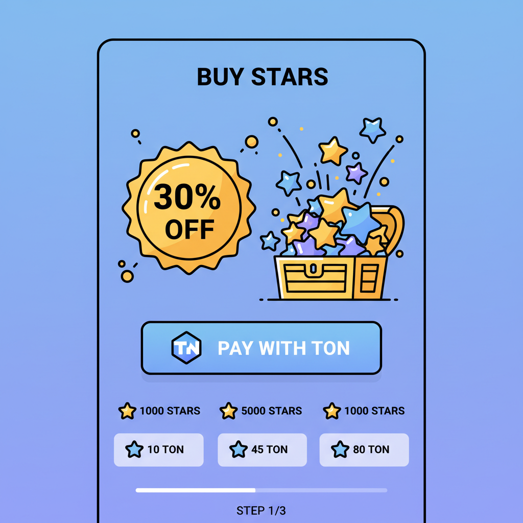 GetGems Stars purchase screen, TON payment option, 30% discount badge, Stars icons piling up, explosive gold effects