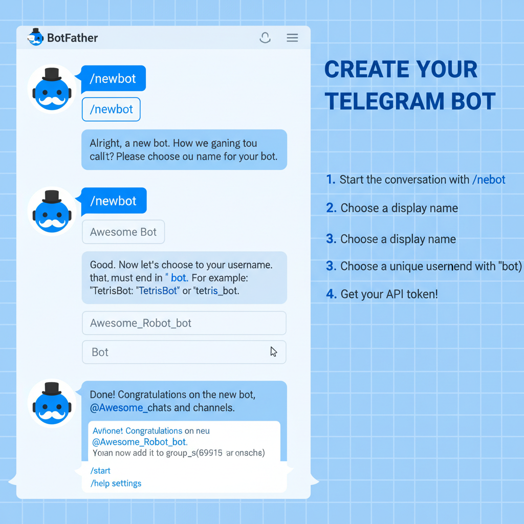 Telegram BotFather chat creating new bot, clean interface