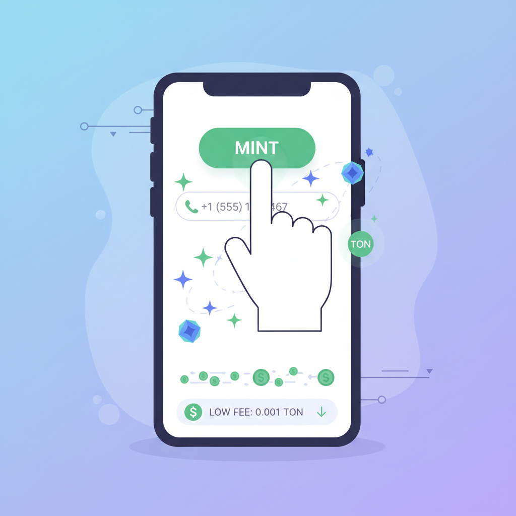 Chainsim mint button pressed, NFT phone number generating, Stars and TON icons, low fee animation