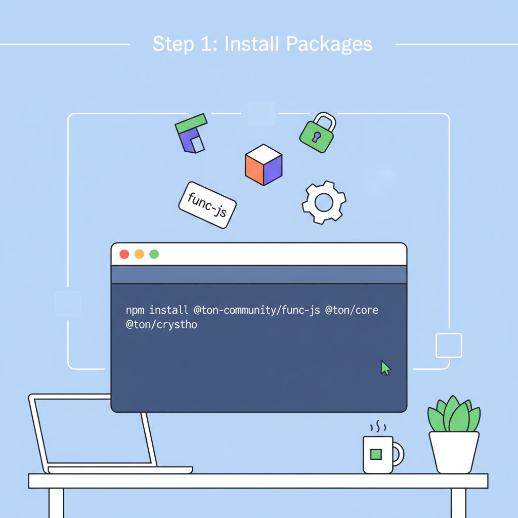 npm install command for TON packages in terminal, package icons floating, developer workspace