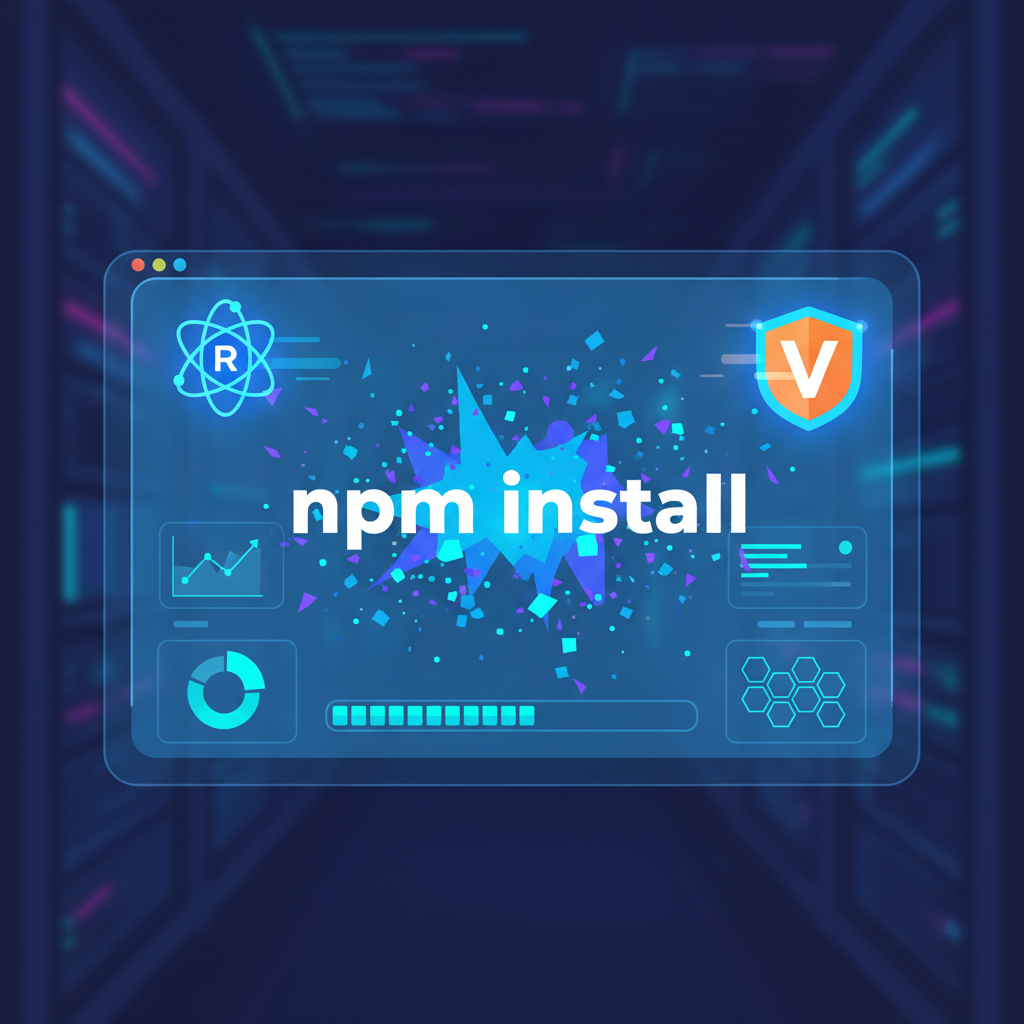 npm install command exploding with energy particles, React Vite icons glowing, high-tech dashboard