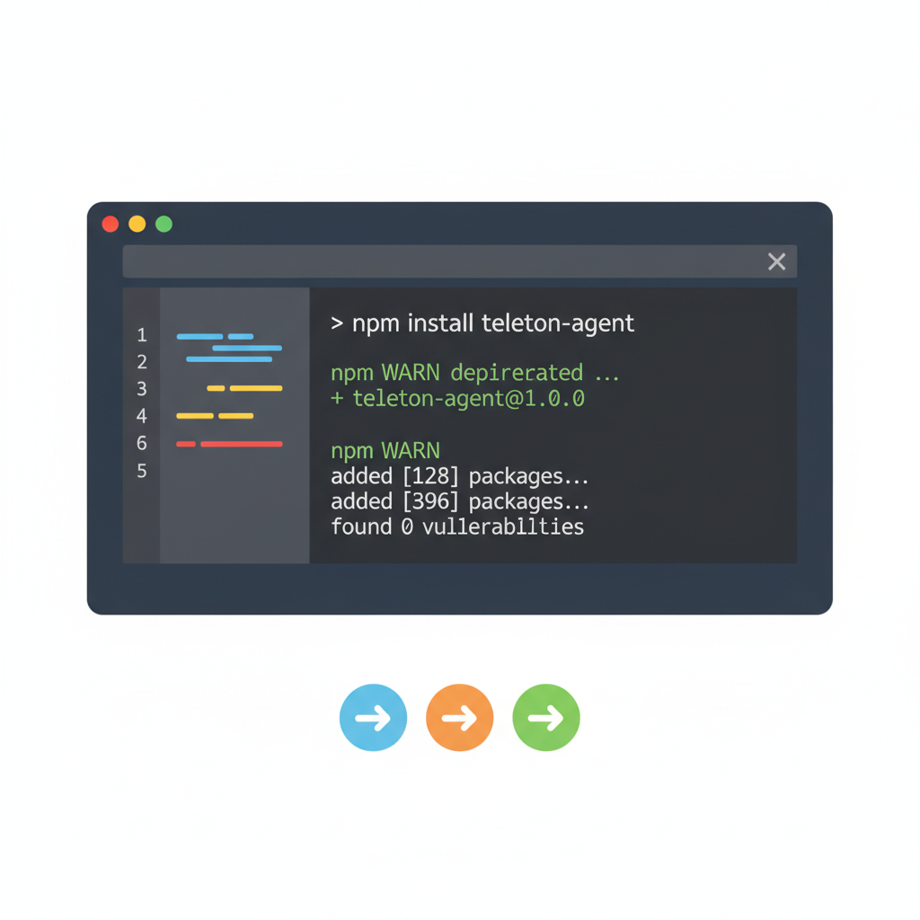 terminal screen running npm install teleton-agent command, clean dark theme code editor