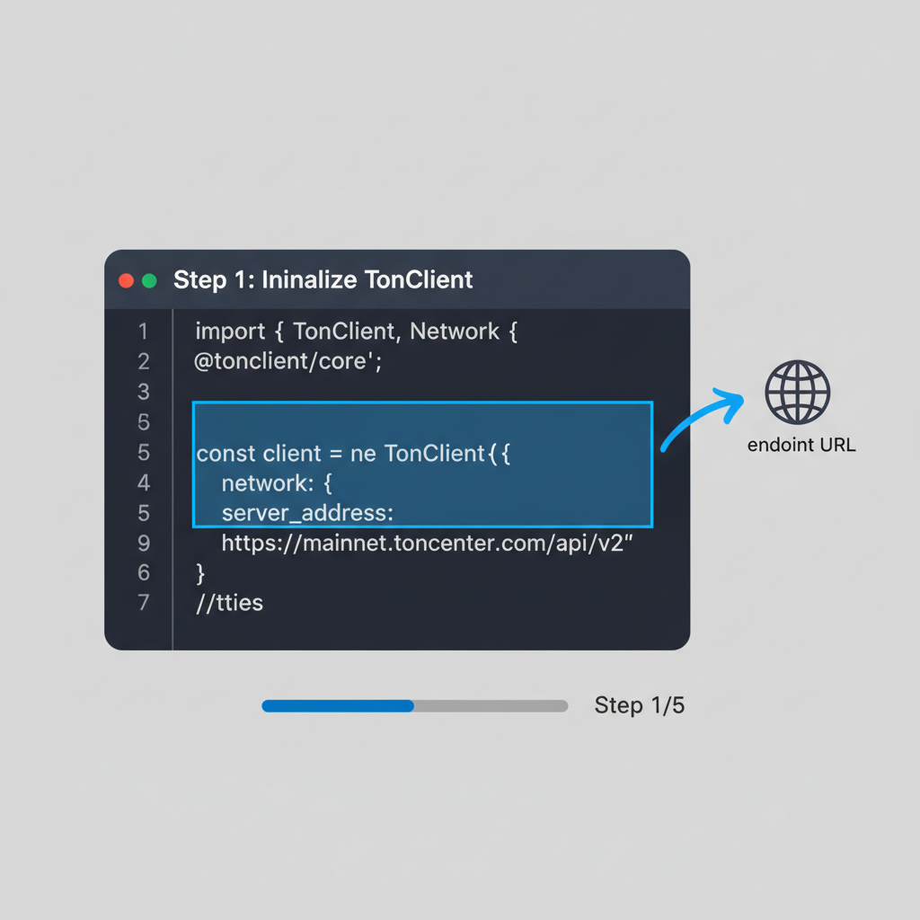 code editor showing TonClient initialization with endpoint URL