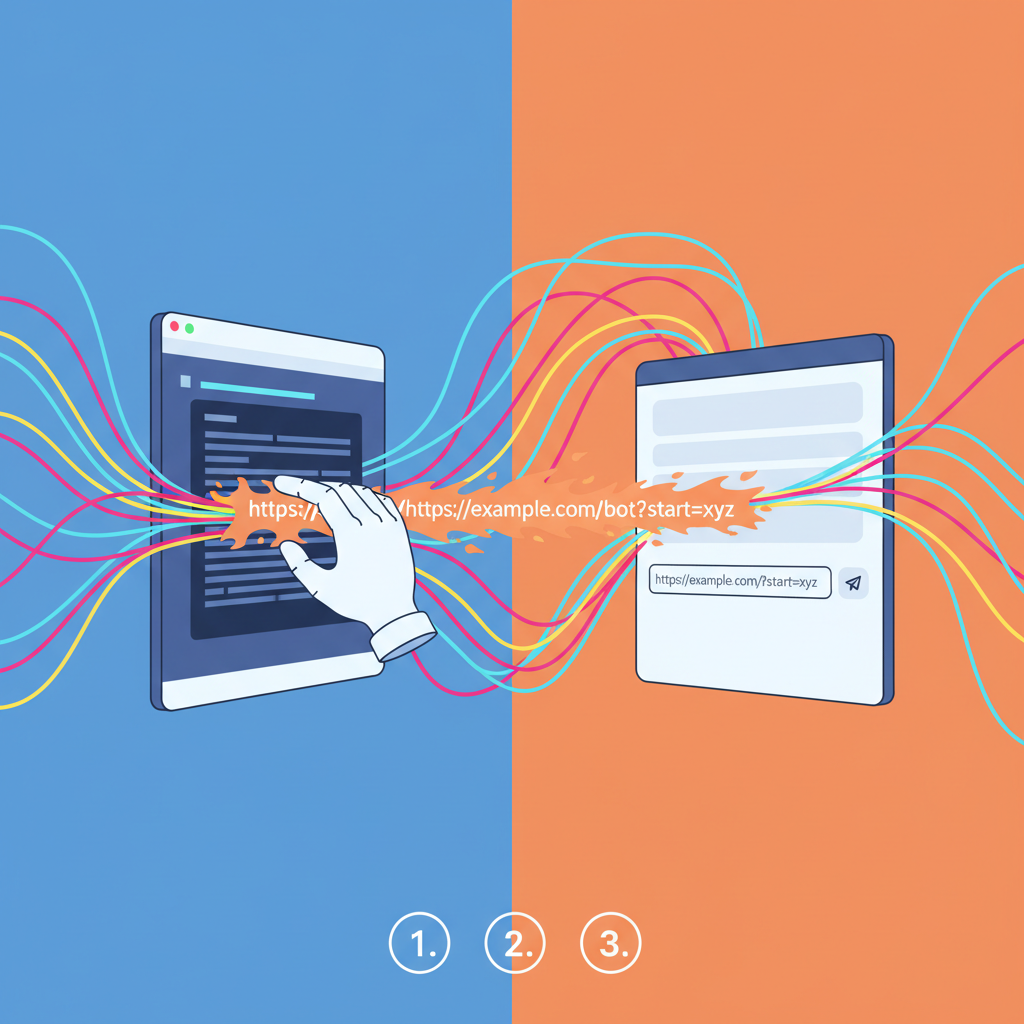 grabbing glowing URL from terminal and pasting into Telegram bot interface, vibrant connection lines, dynamic action shot