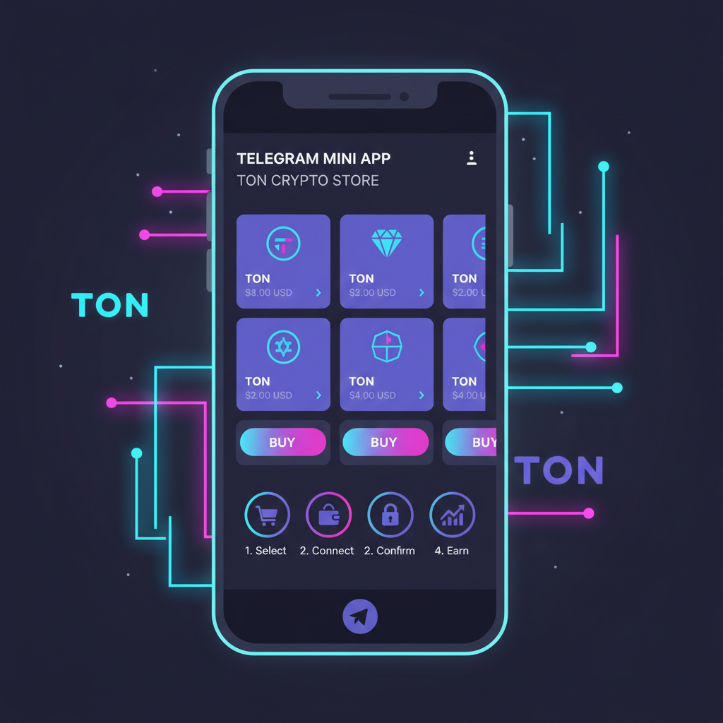 Sleek Telegram Mini App storefront showing crypto products with buy buttons, neon TON theme
