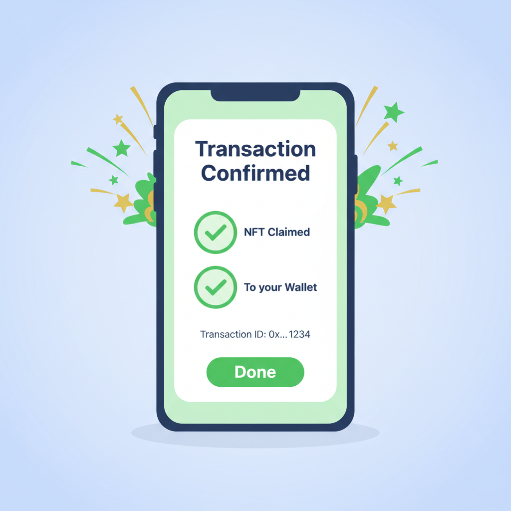 Transaction confirmation in TON Wallet, NFT claim success, green checkmarks, victory explosion graphics