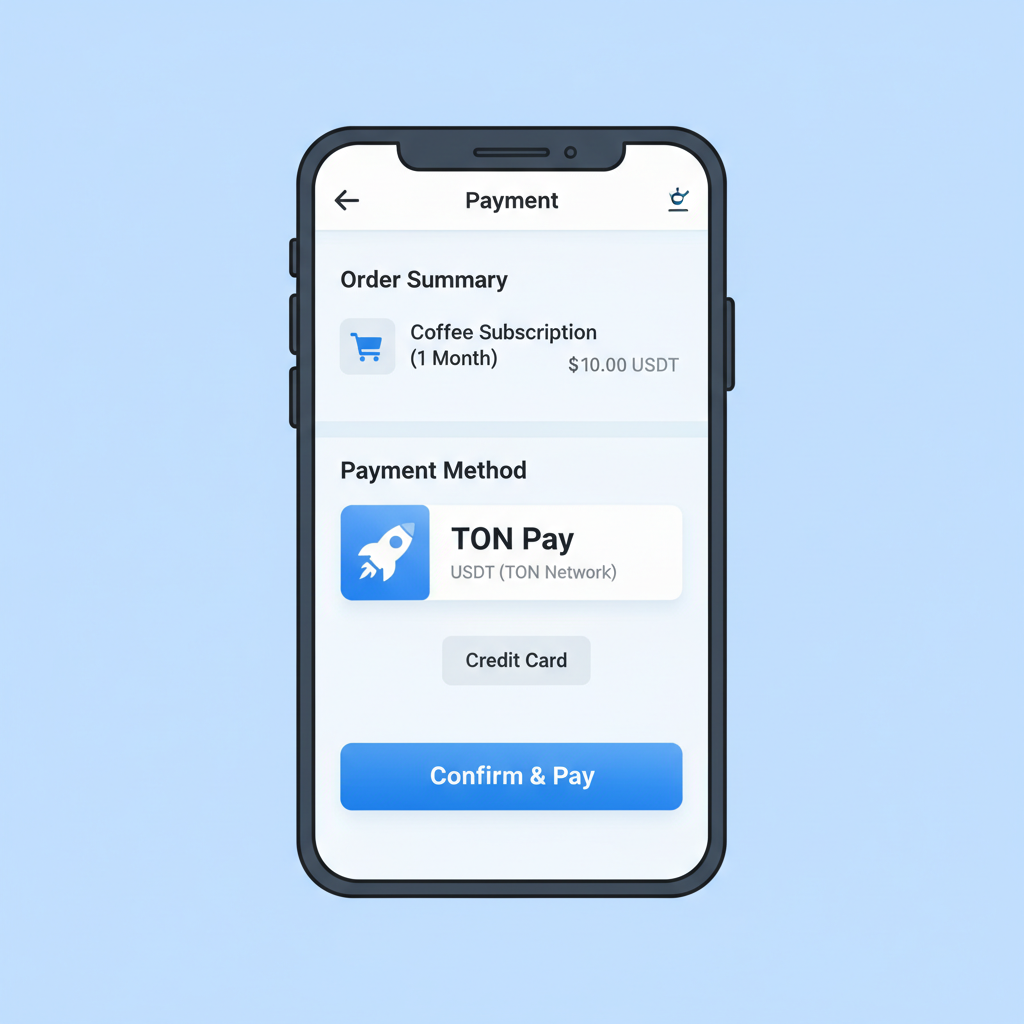Telegram Mini App screen with TON Pay button for USDT payment