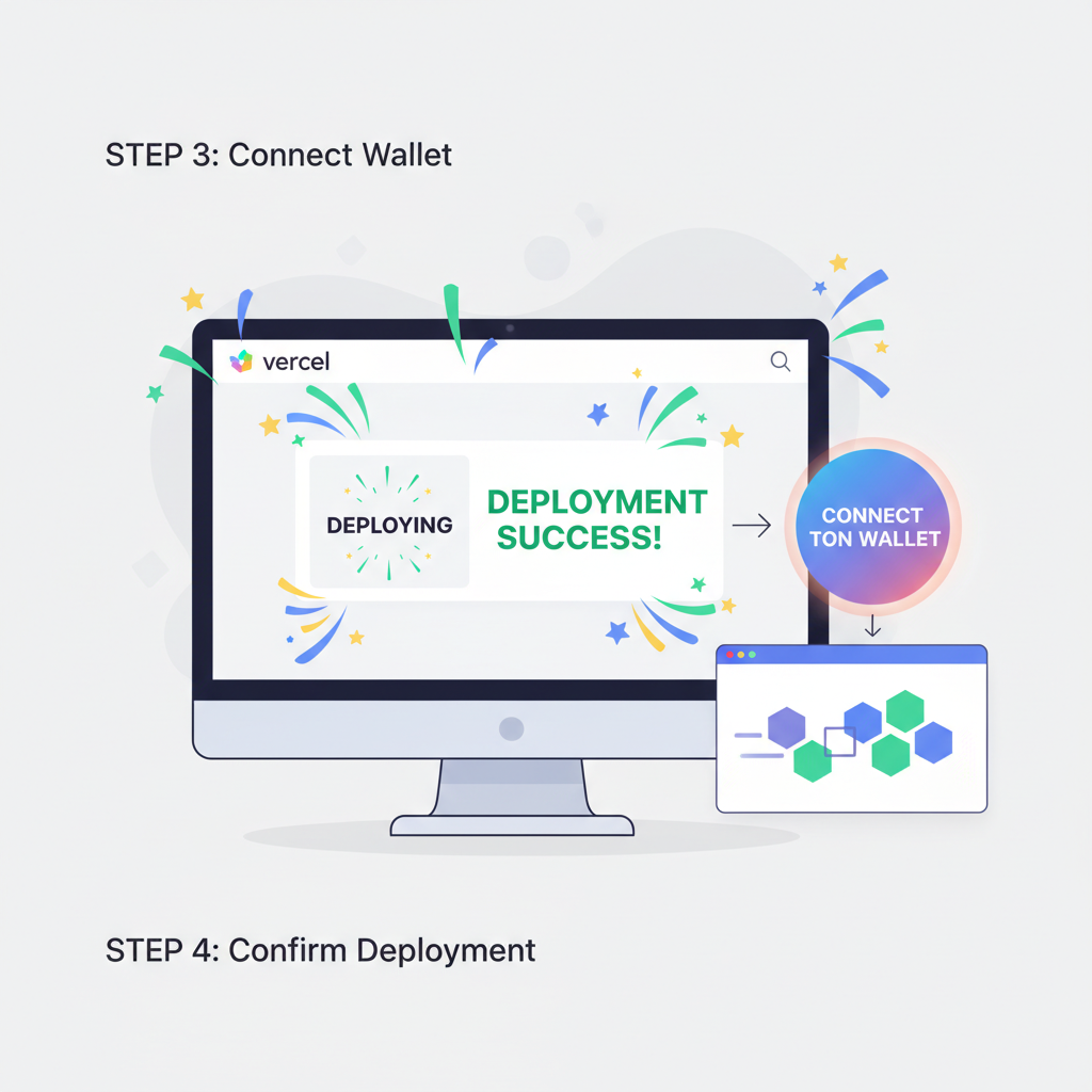 Vercel dashboard deploying with success fireworks, TON wallet connect button glowing, blockchain transaction animation