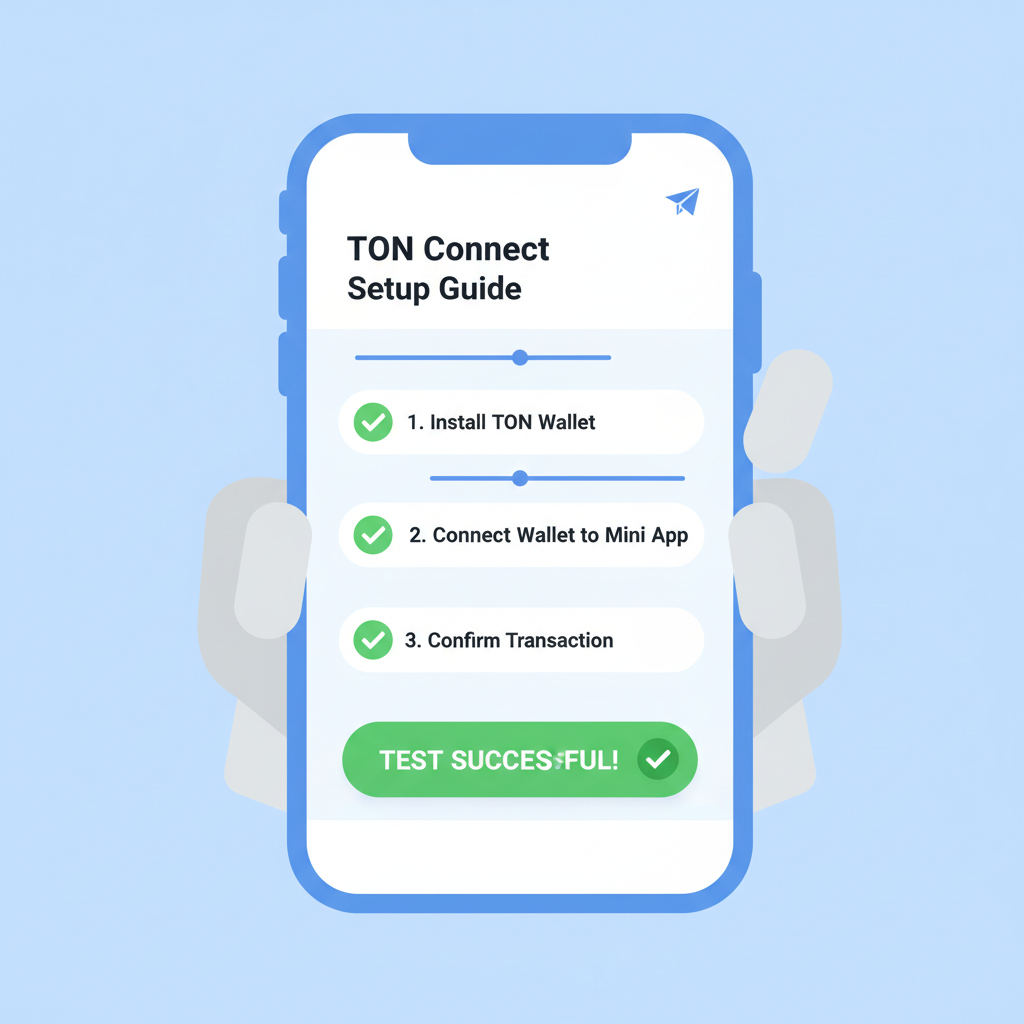 Telegram Mini App testing on phone, green checkmarks for successful TON connect