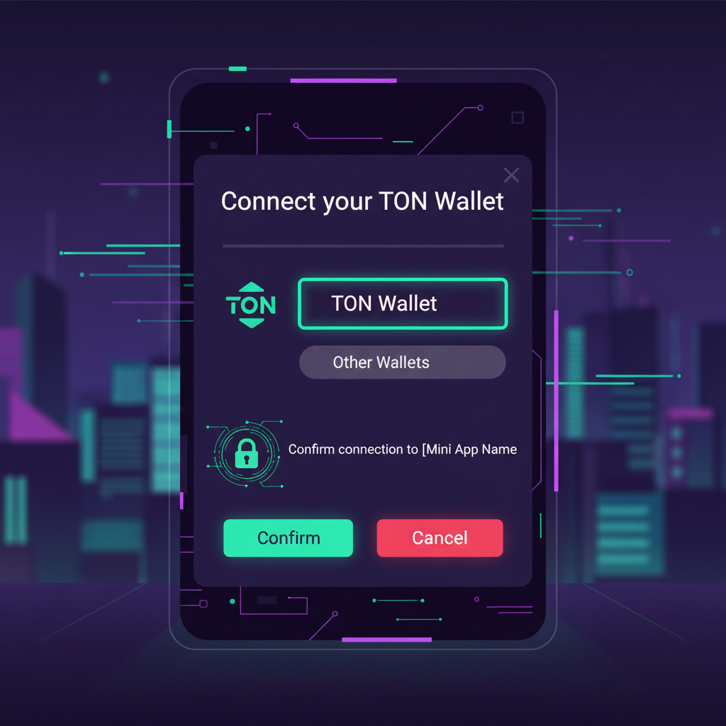 Wallet connection popup in Telegram Mini App, TON Wallet selected, confirmation screen, secure lock icon, cyberpunk aesthetic
