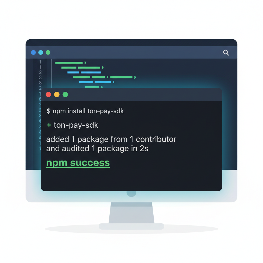 Command line installing npm package ton-pay-sdk, code editor background, green success terminal