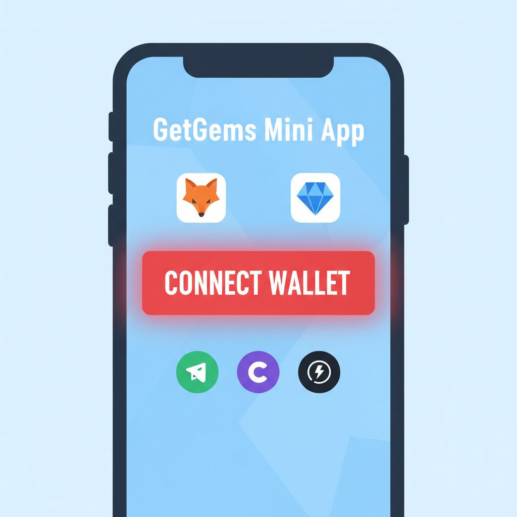 GetGems Mini App screen with prominent 'Connect Wallet' button glowing, wallet icons nearby, aggressive red button style