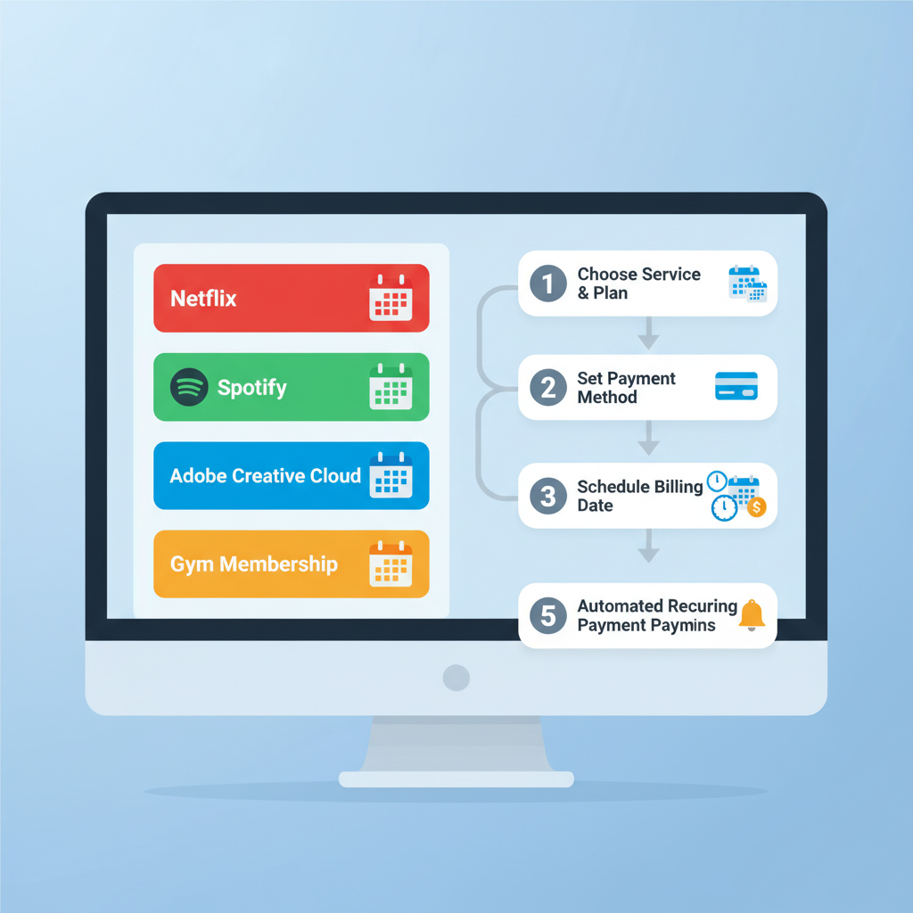 Subscription management dashboard, calendar icons, recurring payment flow diagram