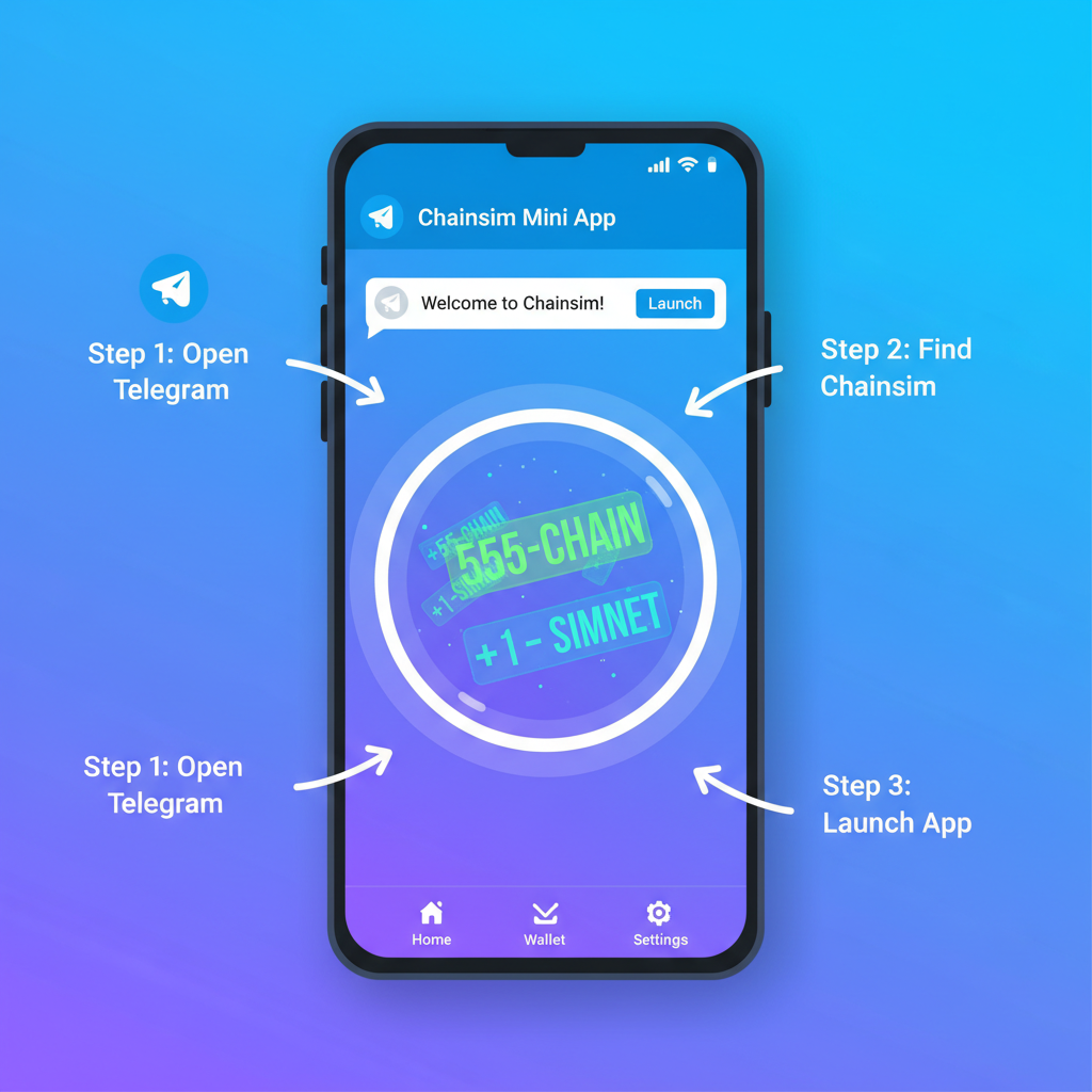 Telegram app interface opening Chainsim mini app, vibrant crypto theme, futuristic phone numbers floating