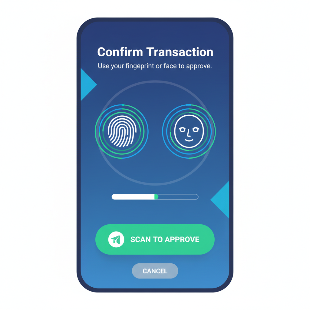 Telegram TON Wallet biometric confirmation screen with fingerprint or face scan animation, secure mobile interface --ar 9:16