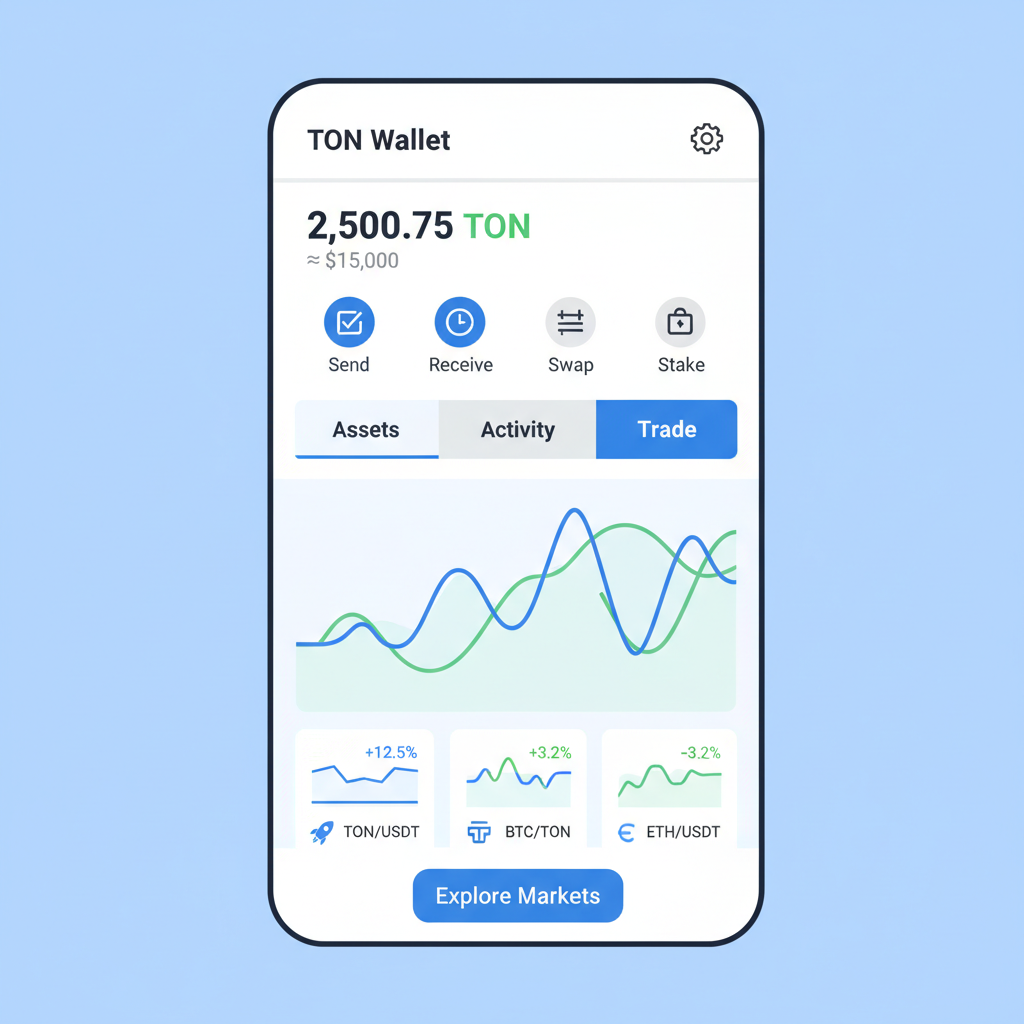 TON Wallet interface with Trade tab highlighted, dynamic charts and stock icons