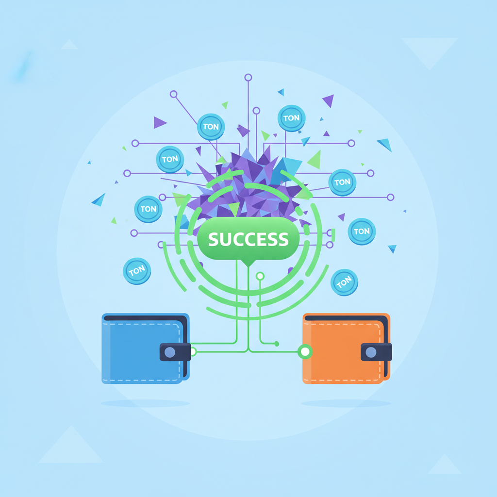 wallet connecting with green success animation, TON coins flying, blockchain network exploding