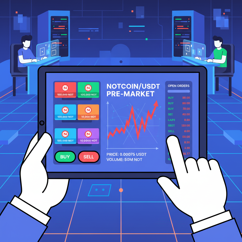 GetGems Notcoin pre-market trading interface, NFT vouchers displayed, buy/sell buttons, charts spiking, futuristic trading floor