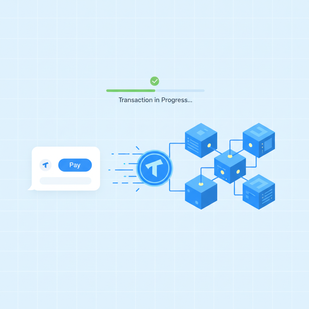 Payment checkout animation in Telegram app, Toncoin transaction speeding through blockchain