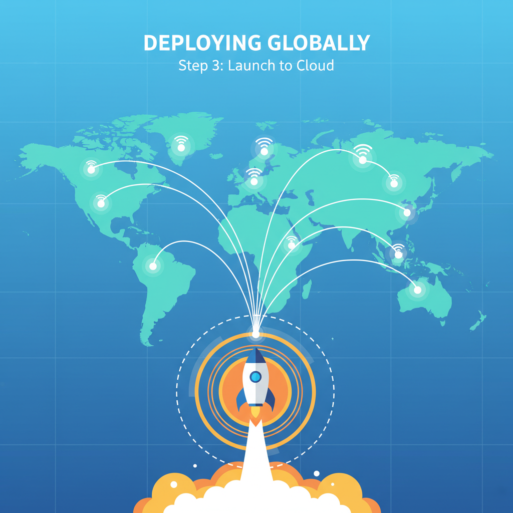 app deploying to cloud servers worldwide, global map with connection nodes lighting up, explosive launch effect