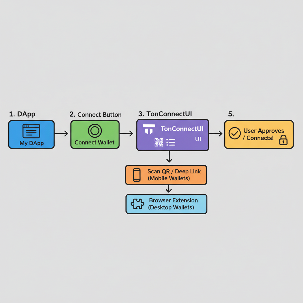 React code wrapping app with TonConnectUIProvider, wallet connection diagram