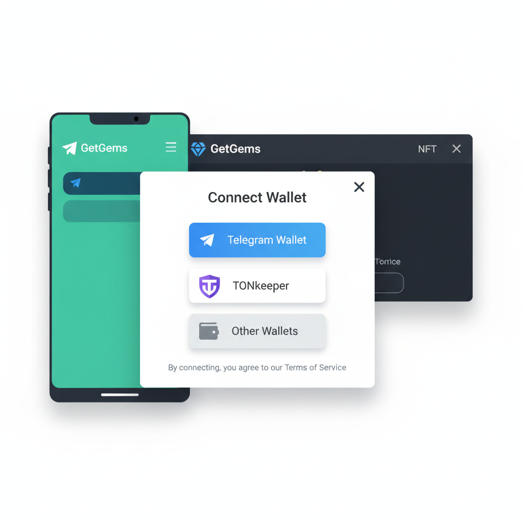 Telegram Mini App opening GetGems NFT marketplace, wallet connect prompt