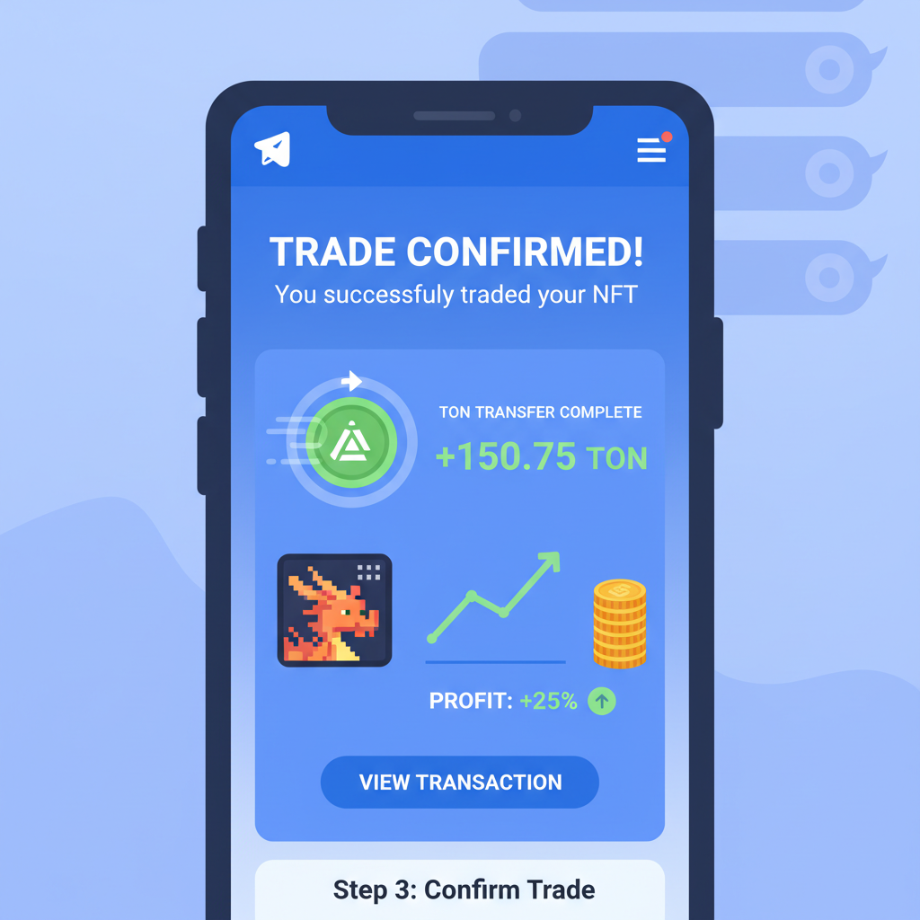Successful NFT trade confirmation in Telegram mini app, TON transfer animation, profit chart