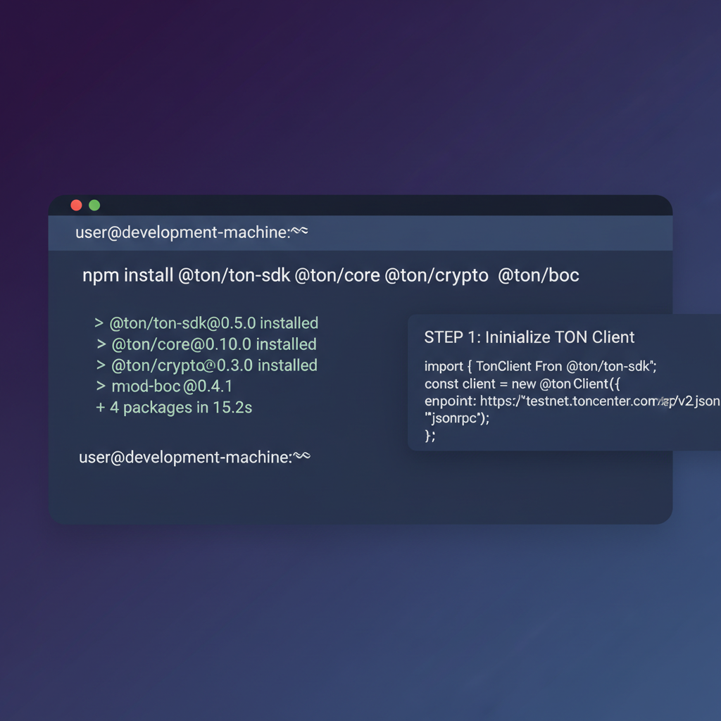 Developer terminal installing TON SDKs via npm, code snippets visible, dark mode aesthetic
