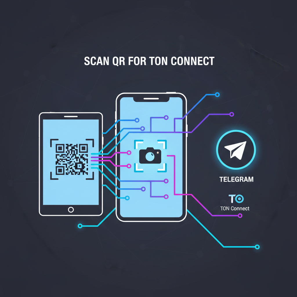 Phone scanning QR code for TON Connect in Telegram, neon connection lines