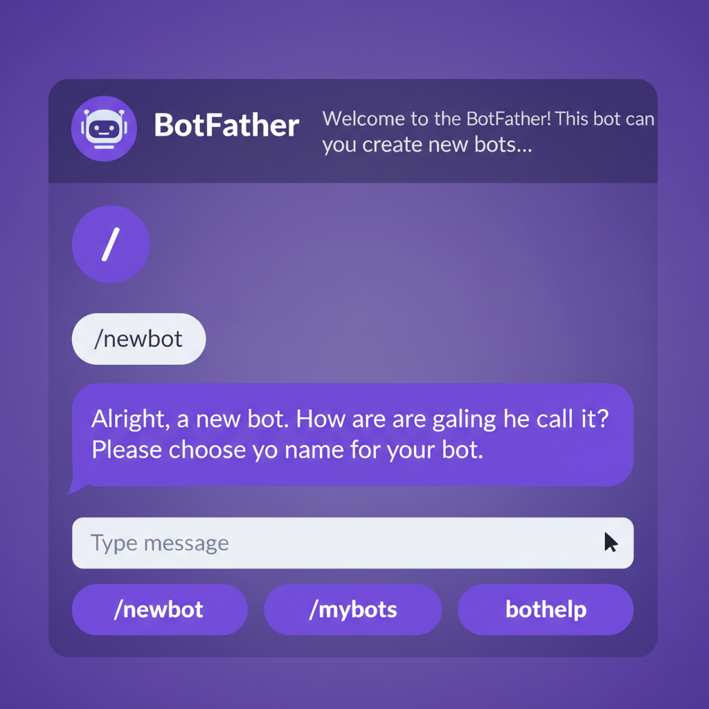 Telegram BotFather chat interface creating a new bot, vibrant purple tones, simple UI screenshot style