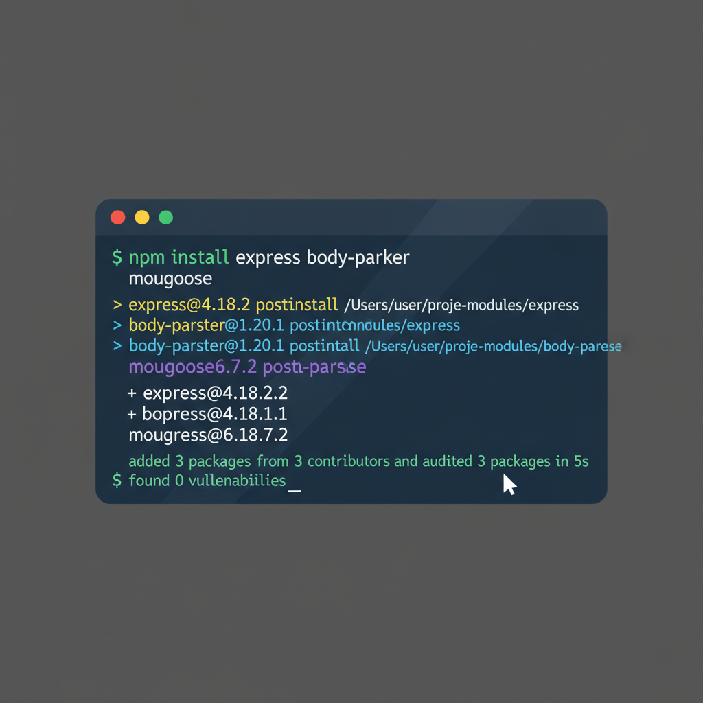 Command line terminal installing Node.js packages, code syntax highlight