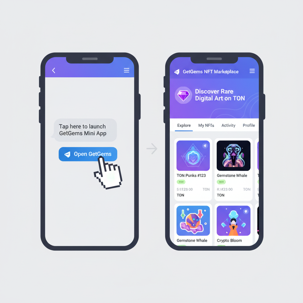 Telegram Mini App opening GetGems interface, NFT marketplace dashboard visible, dynamic purple TON blockchain theme