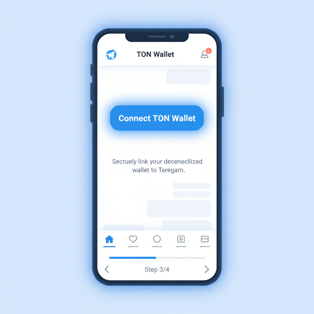 Telegram app screen showing TON Wallet connection, crypto wallet interface glowing blue