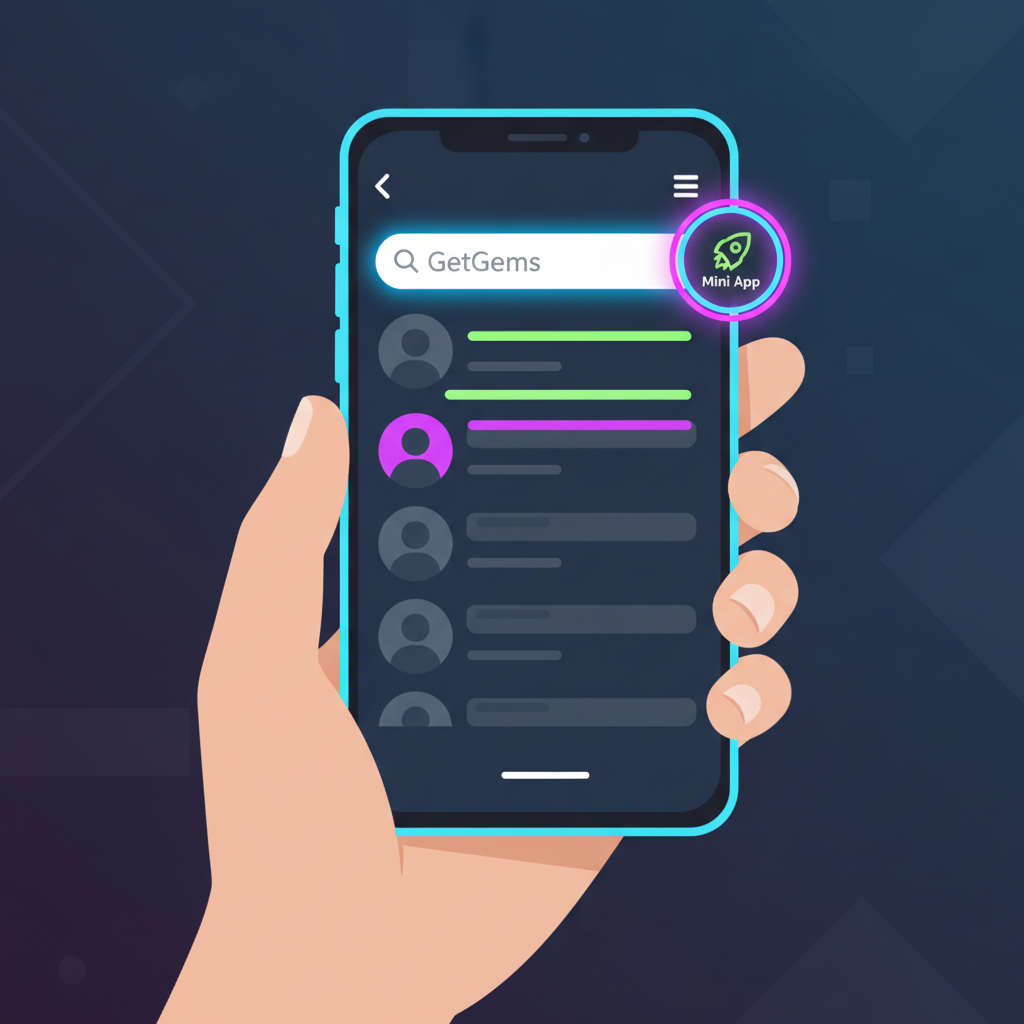 Telegram app on phone screen, search bar with 'GetGems' typed, Mini App icon highlighted, vibrant neon style