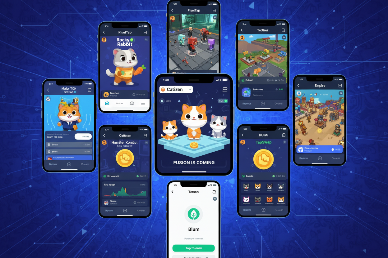 Dynamic collage showcasing Telegram Mini Apps interfaces on TON blockchain including Catizen, Hamster Kombat, Blum, TapSwap, DOGS, PixelTap, Rocky Rabbit, Major, TON Station, X Empire top games 2026