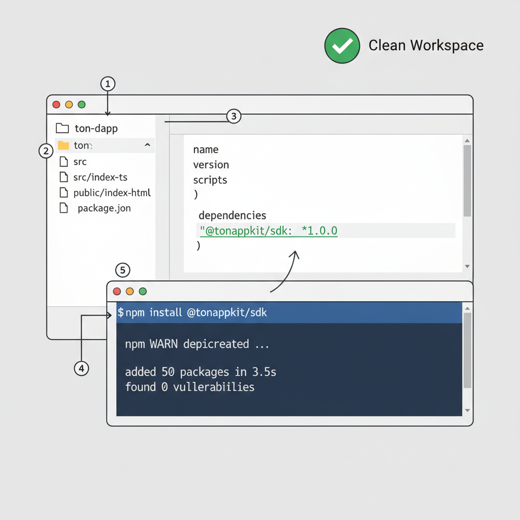 npm install command in VS Code terminal for @tonappkit/sdk, package.json updating, clean developer workspace