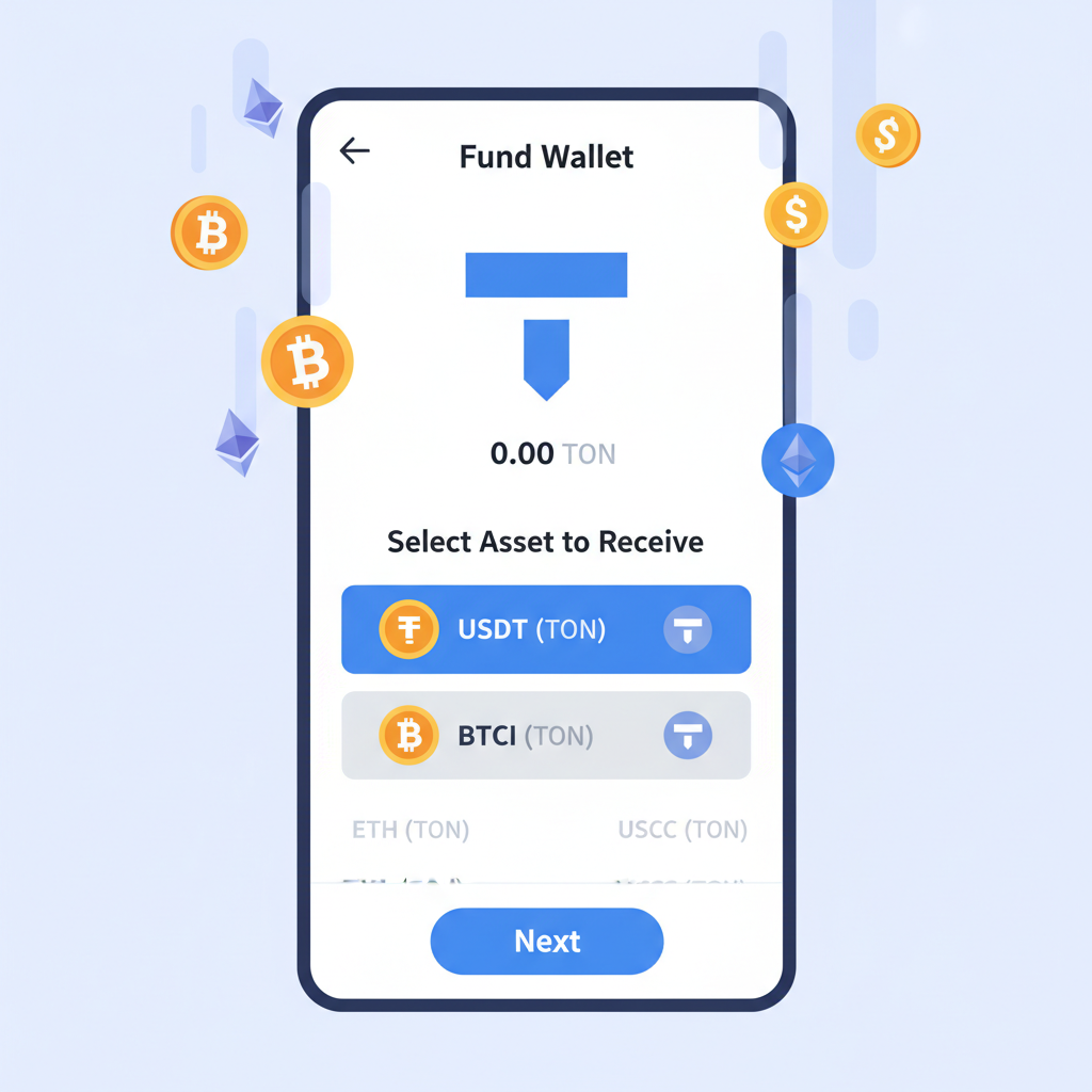 TON Wallet funding screen with USDT TON options, crypto icons flowing in